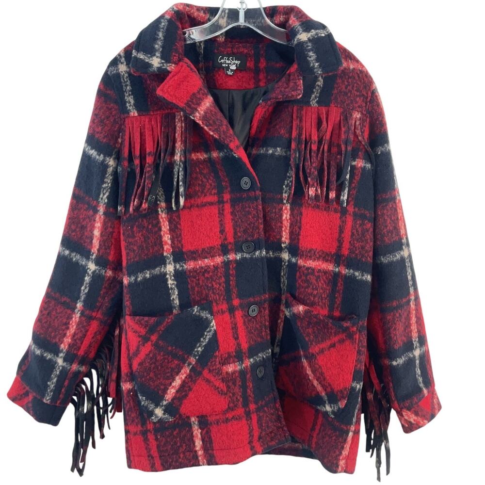CoffeeShop Red Navy Plaid Fringed Single Breasted Coat Juniors Small Preowned